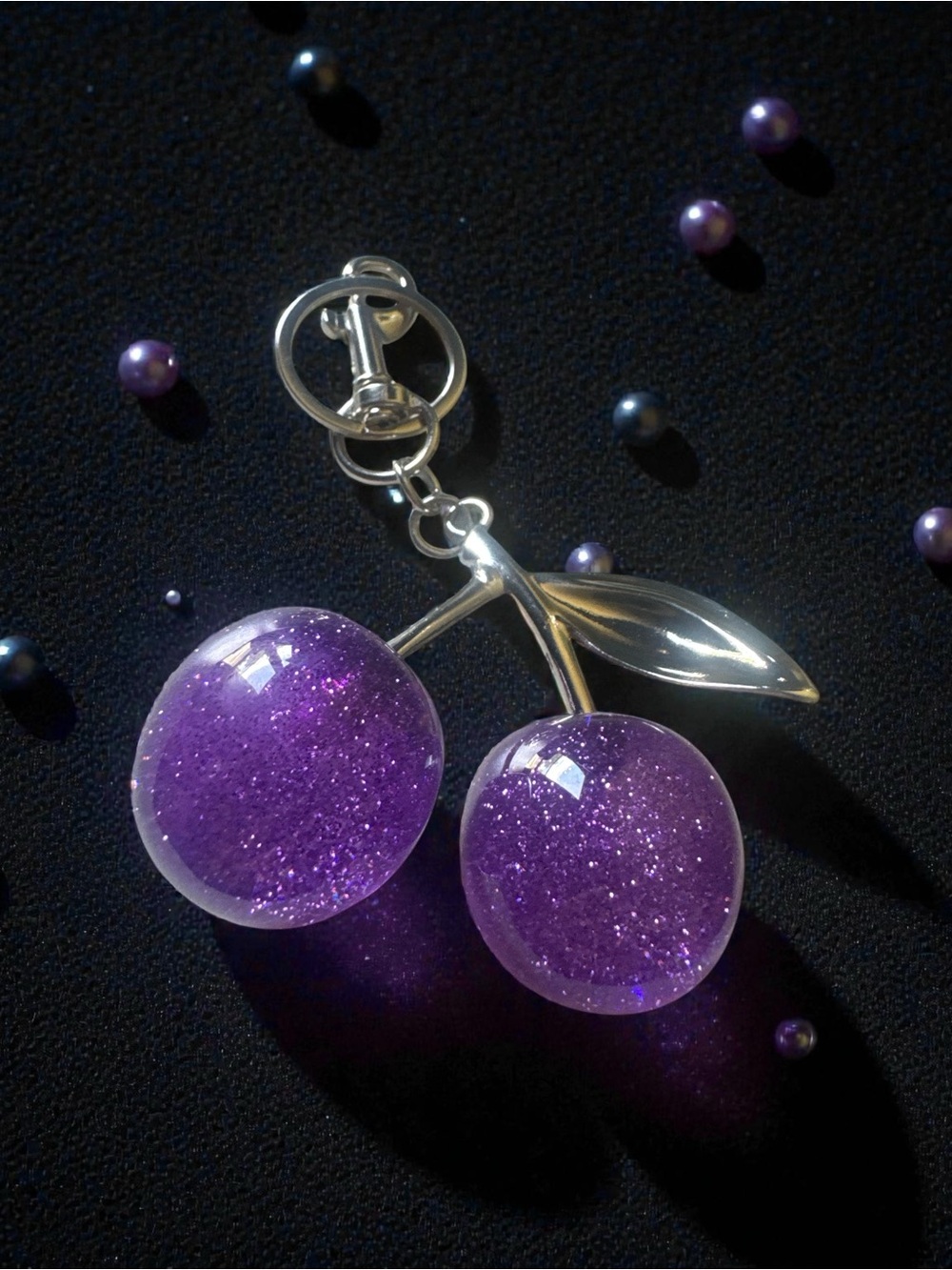 Purple Glitter Cherry Keychain Bag Charm